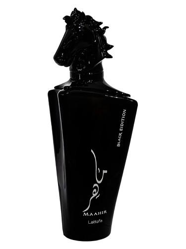 Frasco do perfume árabe Maahir Black Edition da Lattafa, compartilhável, 100 ml