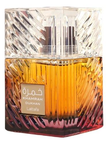 Frasco do perfume árabe Khamrah Dukhan da Lattafa, masculino, 100 ml