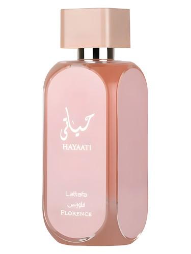 Frasco do perfume árabe Hayaati Florence da Lattafa, compartilhável