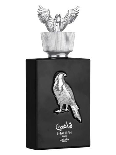 Frasco do perfume árabe Shaheen Silver da Lattafa, compartilhável, 100 ml