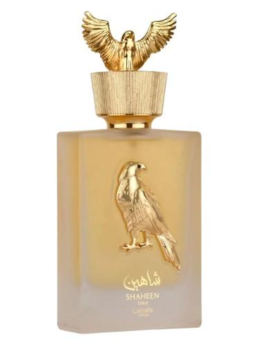 Frasco do perfume árabe Shaheen Gold da Lattafa, compartilhável