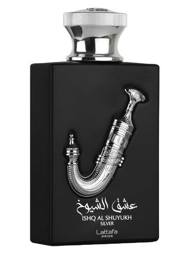 Frasco do perfume árabe Ishq Al Shuyukh Silver da Lattafa, compartilhável, 100 ml
