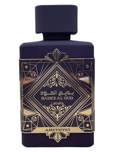 Frasco do perfume árabe Badee Al Oud Amethyst da Lattafa, compartilhável, 100 ml