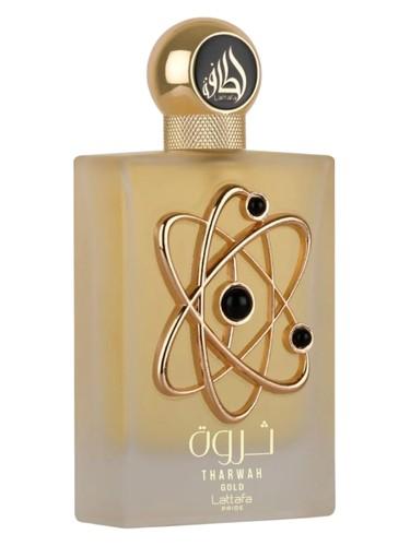 Frasco do perfume árabe Tharwah Gold da Lattafa, feminino, 100 ml